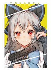  black_bow blue_bow blue_stripes blush bow brooch character_name commentary cyg38801 elbow_gloves female girls&#039;_frontline gloves grey_hair gun hairbow hand_on_own_face handgun highres holding holding_gun holding_weapon jewelry long_hair looking_at_viewer partially_fingerless_gloves red_eyes short_sleeves smile solo striped_clothes striped_gloves symbol-only_commentary tokarev_(girls&#039;_frontline) tokarev_tt-33 trigger_discipline uneven_eyes upper_body vertical-striped_clothes vertical-striped_gloves very_long_hair weapon wide-eyed yellow_background 