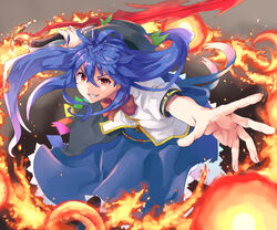  alternate_weapon blue_hair bow bowtie commentary_request dress female fire food foreshortening frilled_skirt frills fruit furrowed_brow gradient_background grin gunblade hat hat_loss highres hinanawi_tenshi holding holding_weapon layered_dress leaning_forward long_hair long_skirt looking_at_viewer mumyuu oerba_yun_fang open_hand outstretched_hand peach puffy_short_sleeves puffy_sleeves red_bow red_bowtie red_eyes reverse_grip short_sleeves skirt smile smoke solo standing teeth thick_eyebrows touhou very_long_hair weapon 