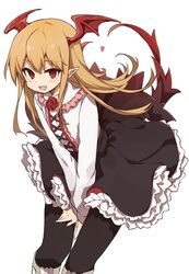  back_bow bat_wings between_legs black_bow black_pantyhose black_skirt blonde_hair bow commentary cross-laced_clothes female frilled_skirt frills hair_between_eyes hand_between_legs head_wings heart long_hair long_sleeves looking_at_viewer murakami_meishi oerba_yun_fang open_mouth pantyhose petticoat pointy_ears red_eyes redrose shingeki_no_bahamut shirt skirt skirt_hold smile solo standing vampy very_long_hair white_shirt wings 