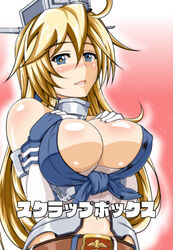  absurdres belt blonde_hair blue_eyes blush breasts cleavage commentary_request female front-tie_top headgear highres iowa_(kancolle) kantai_collection large_breasts long_hair navel photoshop_(medium) sangyou_haikibutsu_a shiny_skin solo star-shaped_pupils star_(symbol) symbol-shaped_pupils translated upper_body 