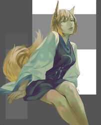  animal_ears blonde_hair commentary_request female fox_ears fox_tail hidebo highres no_headwear parted_lips short_hair sitting solo tabard tail touhou wide_sleeves yakumo_ran yellow_eyes 