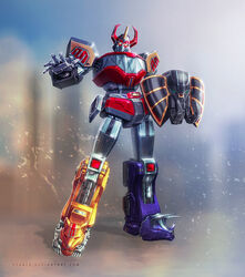  1990s_(style) 1boy commentary commission daizyuzin deviantart_username electricity english_commentary glowing glowing_eyes highres kyouryuu_sentai_zyuranger mecha megazord mighty_morphin_power_rangers no_humans photoshop_(medium) power_rangers retro_artstyle robot science_fiction solo standing super_robot super_sentai tsaber watermark web_address 