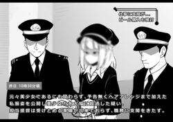  2boys admiral_(kancolle) alternate_costume alternate_hairstyle arrest blur_censor buttons censored closed_mouth collarbone collared_shirt cuffs epaulettes expressionless female fujinoki_(horonabe-ken) gloves greyscale handcuffs hat indoors kantai_collection long_sleeves medium_hair military military_hat military_uniform monochrome multiple_boys necktie news no_eyes peaked_cap shaded_face shirt sweater translation_request uniform upper_body yuubari_(kancolle) 