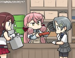  3girls akashi_(kancolle) apron bike_shorts brown_hair commentary_request dated drum_(container) gloves green_eyes grey_hair hachimaki hair_ribbon hamu_koutarou headband kantai_collection kuroshio_(kancolle) long_sleeves multiple_girls noshiro_(kancolle) pink_hair pleated_skirt pot price_tag ribbon school_uniform serafuku shelf short_hair skirt takoyaki_pan tress_ribbon white_gloves yellow_eyes 