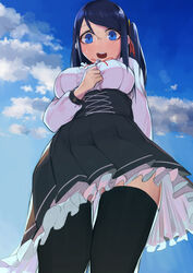  bad_id bad_pixiv_id beijuu black_skirt black_thighhighs blue_eyes blue_hair blue_sky blush breasts cloud cowboy_shot day embarrassed female from_below hand_on_own_chest high-waist_skirt highres krt_girls long_sleeves medium_breasts meme_attire one_side_up open_mouth outdoors petticoat pleated_skirt red_ribbon ribbon skirt sky solo standing sweat sweatdrop swept_bangs thighhighs underbust upskirt virgin_killer_outfit xiao_qiong zettai_ryouiki 