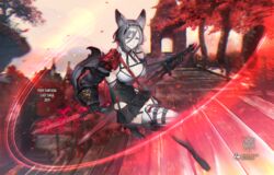  animal_ears animal_hands armor artist_name black_gloves black_neckwear black_skirt blurry blurry_background boots breasts commentary_request copyright_name dated day detached_collar dual_wielding ekurerutoaru elbow_gloves female fuziwara_ayumu garter_straps gloves grey_eyes grey_hair hair_between_eyes holding large_breasts looking_at_viewer motion_blur outdoors pixiv_fantasia pixiv_fantasia_last_saga sheath short_hair shoulder_armor skirt slashing solo stairs tail thigh_boots thighhighs watermark werewolf white_footwear wolf_ears wolf_girl wolf_tail 