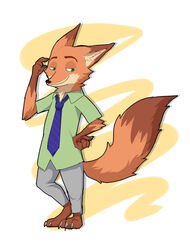  anthro barefoot biped bottomwear canid canine claws clothed clothing disney feet fox fully_clothed fur gloves_(marking) green_eyes half-closed_eyes inner_ear_fluff male mammal markings narrowed_eyes necktie nick_wilde orange_body orange_fur pants red_fox shirt smile solo standing toe_claws topwear true_fox trzk_kyr tuft zootopia 