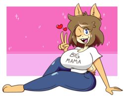  anthro big_breasts biped blue_eyes bottomwear breasts brown_hair canid canine canis clothing denim denim_bottomwear denim_clothing domestic_dog english_text female hair heart_symbol hi_res jeans june_(jinu) looking_at_viewer mammal mature_anthro mature_female one_eye_closed open_mouth pants shiba_inu shinyillusionz shirt sitting smile solo spitz t-shirt text text_on_clothing text_on_shirt text_on_topwear thick_thighs topwear wink 