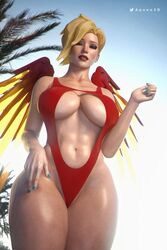  1girls 3d apone3d bikini blonde breast_press breasts cleavage female large_breasts light-skinned_female light_skin looking_down mercy overwatch short_hair solo solo_female thick_thighs tight_clothing 