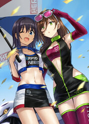  2girls :o ;d arm_up armpits black_hair blue_choker blue_eyes blue_sky breasts brown_hair car center_opening choker cleavage clothes_writing collarbone commentary_request confetti cowboy_shot crop_top cropped_jacket day elbow_gloves english_text eyewear_on_head from_below gloves green_eyes hair_between_eyes hero-san_to_moto_onna_kanbu-san highres holding holding_umbrella honey_trap_(hero-san_to_moto_onna_kanbu-san) honjou_hayate jacket long_hair looking_at_viewer looking_down medium_breasts midriff miniskirt motion_blur motor_vehicle multicolored_clothes multicolored_skirt multiple_girls navel one_eye_closed open_clothes open_jacket open_mouth outdoors pink-tinted_eyewear pink_legwear purple_gloves race_queen short_hair skirt sky small_breasts smile somechime_(sometime1209) stomach strapless sunglasses tareme thighhighs tinted_eyewear tube_top umbrella white-framed_eyewear white_jacket 