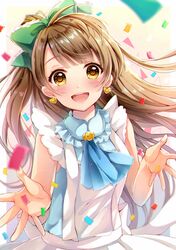  :d blush bow brown_hair commentary_request confetti earrings eyebrows female green_bow hairbow heart heart_earrings jewelry korekara_no_someday long_hair looking_at_viewer love_live! love_live!_school_idol_project minami_kotori one_side_up open_mouth sakura_hiyori sleeveless smile solo yellow_eyes 