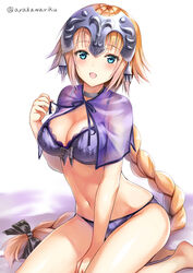  :d ayakawa_riku barefoot bed_sheet between_legs black_bow blonde_hair blue_bra blue_eyes blue_panties blue_ribbon blush bow bra braid breasts capelet choker cleavage commentary_request fate/apocrypha fate_(series) female hairbow hand_between_legs headpiece jeanne_d&#039;arc_(fate) jeanne_d&#039;arc_(ruler)_(fate) long_hair looking_at_viewer medium_breasts navel open_mouth panties ribbon simple_background single_braid sitting smile solo twitter_username underwear underwear_only very_long_hair white_background yokozuwari 