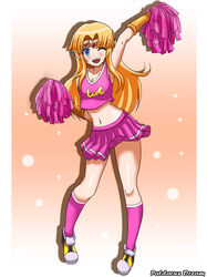  absurdres blonde_hair blue_eyes border bracelet breasts cheerleader circlet cleavage commentary_request commission crop_top female full_body gold_bracelet highres jewelry long_hair medium_breasts midriff miniskirt navel one_eye_closed orange_background patdarux photoshop_(medium) pink_skirt pink_socks pink_tank_top pointy_ears pom_pom_(cheerleading) princess_zelda shirt shoes skirt sleeveless sleeveless_shirt smile socks solo super_smash_bros. tank_top the_legend_of_zelda the_legend_of_zelda:_a_link_between_worlds the_legend_of_zelda:_tri_force_heroes white_border yellow_footwear 