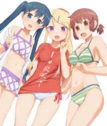  3girls :d alternate_hairstyle bikini blonde_hair blue_eyes blue_hair blush breasts brown_eyes brown_hair cleavage clothes_writing collarbone hair_bun hair_ornament hairclip highres inokuma_youko kin-iro_mosaic komichi_aya kujou_karen long_hair looking_at_viewer multiple_girls navel oerba_yun_fang open_mouth outdoors ponytail purple_eyes red_shirt scrunchie shirt short_hair short_ponytail side-tie_bikini smile striped striped_bikini striped_swimsuit swimsuit t-shirt tachimi_(basue) transparent_background twintails very_long_hair 