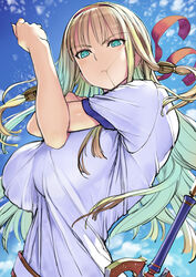  bad_id bad_pixiv_id blonde_hair blush breasts commentary_request ellis_onett female frown green_eyes gym_uniform hairband highres isekai_supermarket_wo_keiei_shimasu_~shoukan_hime_to_tenchou_dairi~ large_breasts long_hair looking_at_viewer nakabayashi_reimei shirt solo stretching sword upper_body weapon 