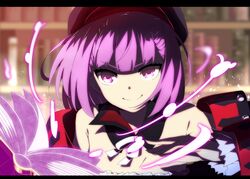  bare_shoulders beret book bookshelf commentary_request fate/grand_order fate_(series) female hat helena_blavatsky_(fate) helena_blavatsky_(third_ascension)_(fate) letterboxed looking_at_viewer open_book purple_eyes shiime short_hair smile solo 