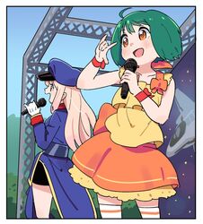  2girls blonde_hair commentary_request dress green_hair macross macross_frontier microphone multiple_girls music ranka_lee sheryl_nome short_hair singing stage tonmoh vf-25 