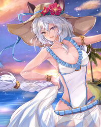  animal_ears armlet bare_shoulders bikini bikini_bottom_only bracelet braid breasts cleavage cloud commentary_request dripping ears_through_headwear erune female granblue_fantasy grey_hair hat heles heles_(summer)_(granblue_fantasy) highres holding jewelry large_breasts long_hair looking_at_viewer official_alternate_costume palm_tree purple_eyes sarong see-through single_braid sky sleeveless solo sun_hat sweat swimsuit tree velia very_long_hair water wet white_bikini 