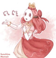  blush bracelet commentary crown dress elbow_gloves female gloves jewelry khiuly mario_(series) mask music necklace pearl_bracelet pearl_necklace princess red_dress ribbon shy shy_gal shy_guy singing 