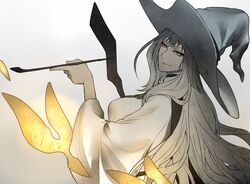  commentary_request female gradient_hair grey_eyes grey_hat hat izayoi04 kiseru long_hair looking_at_viewer miracera_master_of_the_magic_institute multicolored_hair pixiv_fantasia pixiv_fantasia_last_saga simple_background smirk smoking_pipe staff upper_body white_hair wide_sleeves witch_hat 