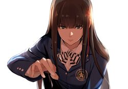  ? backlighting blazer blue_jacket board_game bow bowtie brown_hair collared_shirt commentary_request female flower_knot green_eyes hair_between_eyes hair_ribbon hair_tie hime_cut isshiki_(ffmania7) jacket kosei_high_school_uniform leaning_forward long_hair long_sleeves looking_at_viewer outstretched_hand parted_lips persona persona_5 ribbon school_uniform shirt shogi shogi_piece solo striped_bow striped_bowtie striped_clothes tassel tougou_hifumi white_shirt 