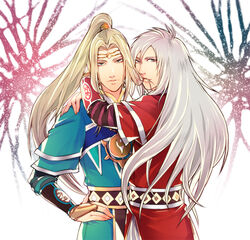  2boys albino androgynous arm_guards arms_around_neck bad_id bad_pixiv_id beads blonde_hair blue_(saga_frontier) blue_eyes bracelet bridal_gauntlets commentary_request forehead_jewel hair_in_own_mouth hair_ornament hand_on_own_hip jewelry layered_sleeves light_smile long_hair long_sleeves looking_at_viewer looking_to_the_side male_focus multiple_boys necklace photoshop_(medium) ponytail rouge_(saga_frontier) saga saga_frontier short_over_long_sleeves short_sleeves siblings tokinohiyoko tunic twins very_long_hair white_hair 