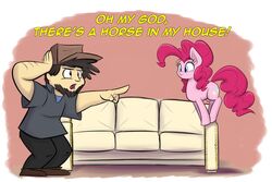  2016 better_version_at_source blue_eyes clothed clothing cutie_mark earth_pony english_text equid equine female feral friendship_is_magic fur furniture gesture hair hand_gesture hasbro hat headgear headwear heir-of-rick horse human jontron male mammal my_little_pony pink_body pink_fur pink_hair pinkie_pie_(mlp) pointing pony smile sofa solo text 