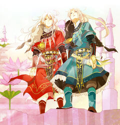  2boys albino androgynous arm_guards beads blonde_hair blue_(saga_frontier) blue_eyes boots bridal_gauntlets circlet commentary_request dagger flower from_below full_body fur_trim gem jewelry knife layered_sleeves long_hair long_sleeves looking_at_viewer lotus male_focus multiple_boys necklace pendant pink_flower red_eyes ribbon rouge_(saga_frontier) saga saga_frontier scarf sheath sheathed short_over_long_sleeves short_sleeves siblings skirt stairs standing twins very_long_hair weapon white_hair xxll 