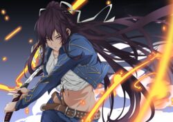  absurdres belt blue_jacket blue_pants commentary_request crop_top female fighting_stance fire glowing hair_between_eyes high_ponytail highres holding holding_sword holding_weapon jacket kanzaki_kaori kappa_(moonsidekanade) katana long_hair midriff navel pants parted_lips ponytail purple_eyes purple_hair ribbon shichiten_shichitou shirt solo stomach sword tied_shirt toaru_majutsu_no_index unsheathed very_long_hair weapon white_ribbon white_shirt 