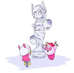  artist_kirby artist_name beret chisel commentary copy_ability dust female footbol-helmoot from_behind hammer hat heart heart-shaped_eyes kirby kirby:_star_allies kirby_(series) marble_(stone) marble_sculpture nintendo pink_hair rayman_limbs robe shadow simple_background star_(symbol) statue susie_(kirby) vase watermark white_background 