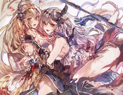  2girls absurdres am_(nmc_cc) ass bare_shoulders battle_standard blonde_hair blood blood_on_breasts blood_on_clothes blood_on_face blue_eyes blush boots breasts camisole collarbone commentary_request dark_jeanne dual_persona feather_hair_ornament feathers gauntlets granblue_fantasy hair_between_eyes hair_ornament hairband highres jeanne_d&#039;arc_(granblue_fantasy) long_hair looking_at_viewer multiple_girls open_mouth red_eyes saliva sideboob signature skirt_hold tears white_hair 