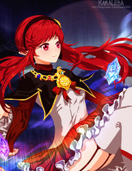  artist_name bad_id bad_pixiv_id black_hairband breasts dungeon_and_fighter elementalist_(dungeon_and_fighter) female garter_straps gem hair_ornament hairband jewelry karaleba long_sleeves looking_to_the_side mage_(dungeon_and_fighter) necklace photoshop_(medium) red_eyes red_hair red_skirt simple_background sitting skirt small_breasts smile solo thighhighs twintails watermark web_address white_thighhighs 