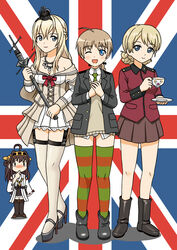  4girls absurdres ahoge ankle_boots blonde_hair blue_eyes blush boots braid breasts brown_hair cleavage colored_stripes commentary country_connection crossover crown cup darjeeling_(girls_und_panzer) finger_to_mouth flag_background garter_straps girls_und_panzer hakama hakama_short_skirt hakama_skirt half_up_braid high_heels highres holding hoshino_banchou japanese_clothes jealous jewelry kantai_collection kongou_(kancolle) long_hair lynette_bishop medium_breasts military military_uniform multiple_girls necklace no_pants one_eye_closed open_mouth panties photoshop_(medium) pleated_skirt saucer single_braid skirt small_breasts smile st._gloriana&#039;s_military_uniform strike_witches striped_clothes striped_thighhighs teacup tearing_up thighhighs trait_connection underwear uniform union_jack united_kingdom warspite_(kancolle) white_legwear world_witches_series zettai_ryouiki 