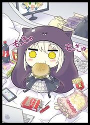  animal_hood armor armored_dress artoria_pendragon_(fate) black_border black_dress blonde_hair blush border box burger cellphone chibi cola commentary_request computer dress eating fate/stay_night fate_(series) female food french_fries frilled_dress frills gauntlets gothic_lolita green_eyes himouto!_umaru-chan hood komaru_(himouto!_umaru-chan) laptop lolita_fashion lowres manga_(object) monitor parody phone pocky saber_(fate) saber_alter sack sidelocks smartphone snack solo style_parody tomiwo translation_request trash_bag yellow_eyes 