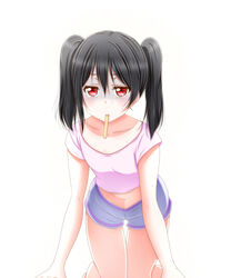  all_fours barefoot black_hair blue_shorts collarbone commentary_request crop_top female flat_chest hair_between_eyes long_hair looking_at_viewer love_live! love_live!_school_idol_project midriff mouth_hold navel pink_shirt red_eyes roaru_(gyuren) shirt short_shorts shorts simple_background sleeveless sleeveless_shirt solo stomach sweat thigh_gap twintails white_background yazawa_nico 