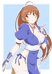  ahoge armor blush breasts brown_eyes brown_hair choker cleavage collarbone commentary_request dead_or_alive female groin hair_down highres japanese_armor japanese_clothes kasumi_(doa) kote kyo9999 long_hair medium_breasts no_bra pelvic_curtain puffy_short_sleeves puffy_sleeves raised_eyebrows sash short_sleeves solo standing thighhighs thighs two-tone_background white_choker white_thighhighs 