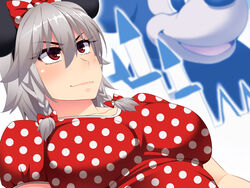  animal_ears bow braid breasts commentary_request cosplay disney disneyland dress dutch_angle eyes_visible_through_hair fake_animal_ears female grey_hair hair_between_eyes hairbow hayashi_custom izayoi_sakuya medium_breasts mickey_mouse minnie_mouse minnie_mouse_(cosplay) mouse_ears photoshop_(medium) polka_dot polka_dot_bow polka_dot_dress red_dress red_eyes short_sleeves solo touhou twin_braids 