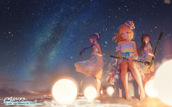  3girls alphonse_(white_datura) artist_name bare_legs bare_shoulders barefoot bassoon beach black_eyes black_hair blonde_hair blue_hair blunt_bangs breasts character_name closed_eyes commentary copyright_name cursive dated dated_commentary dress english_horn flute group_name hair_bun hair_ornament hair_scrunchie highres instrument kurosawa_dia long_hair looking_at_viewer love_live! love_live!_sunshine!! matsuura_kanan mole mole_under_mouth multiple_girls night night_sky oboe ocean ohara_mari outdoors photoshop_(medium) revision sand scrunchie side_ponytail signature single_hair_bun sitting sky small_breasts smile star_(sky) starry_sky strapless strapless_dress water white_dress yellow_eyes 