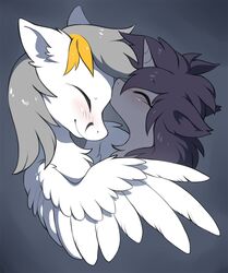  closed_eyes duo equid equine fan_character feathered_wings feathers female feral fur grey_background grey_body grey_fur grey_hair hair hasbro hioshiru horn hug kate_(hioshiru) kej_(kejifox) kissing_forehead love male mammal my_little_pony mythological_creature mythological_equine mythology pegasus purple_hair romantic romantic_couple simple_background smile unicorn white_body white_feathers white_fur wings 