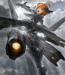  ace_combat ace_combat_x ahoge armor bodysuit boots brown_eyes brown_hair commentary_request female from_behind gloves headgear highres looking_at_viewer looking_back machinery mecha_musume mechanical_wings open_mouth personification short_hair smile solo striker_unit thighhighs tom-neko_(zamudo_akiyuki) wings xfa-24a_apalis 