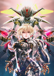  bad_id bad_pixiv_id blonde_hair breasts cowboy_shot cyborg face_nemesis female fiora_(xenoblade) hair_between_eyes headgear highres lips mecha mecha-fiora medium_breasts pink_lips red_eyes robot shiomi_(lowrise) short_hair smile solo spoilers xenoblade_chronicles_(series) xenoblade_chronicles_1 