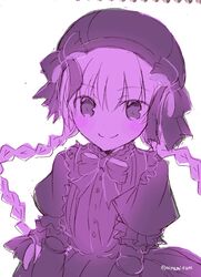  bow braid commentary_request doll_joints dress fate/extra fate_(series) female frilled_dress frills hat hat_ribbon joints long_hair looking_at_viewer minafuni monochrome nursery_rhyme_(fate) puffy_sleeves purple_theme ribbon short_sleeves smile solo twin_braids twitter_username upper_body 