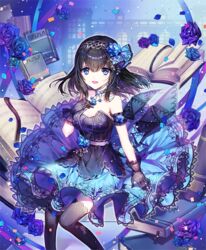  black_gloves black_hair black_thighhighs blue_eyes blue_flower blue_rose book breasts commentary_request dress female floral_print flower gloves hair_flower hair_ornament hairband idolmaster idolmaster_cinderella_girls idolmaster_cinderella_girls_starlight_stage long_hair looking_at_viewer medium_breasts print_gloves rose sagisawa_fumika solo soriya thighhighs 