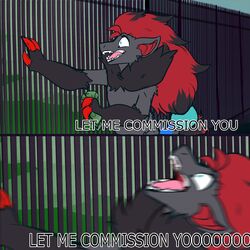  1:1 anthro blue_eyes claws fur generation_5_pokemon grey_body grey_fur hi_res humor let_me_in_(meme) male meep_(artist) meme money nintendo open_mouth pokemon pokemon_(species) reaction_image red_body red_fur semi-anthro solo text the_eric_andre_show tongue zoroark 