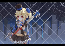  absurdres asymmetrical_gloves bad_id bad_pixiv_id black_hat black_shirt black_skirt blonde_hair blue_flower blue_neckwear blush braid brown_gloves chain-link_fence cityscape closed_mouth collared_shirt commentary_request elbow_gloves electric_guitar female fence fingerless_gloves flower frilled_skirt frills girls&#039;_frontline gloves guitar gun hair_between_eyes hair_flower hair_ornament handgun hat highres holding holding_gun holding_weapon instrument instrument_on_back letterboxed matsuo_(matuonoie) mini_hat mini_top_hat mismatched_gloves nagant_m1895 nagant_revolver_(astral_bond)_(girls&#039;_frontline) nagant_revolver_(girls&#039;_frontline) name_connection night night_sky object_namesake official_alternate_costume one_side_up outdoors pleated_skirt puffy_short_sleeves puffy_sleeves red_eyes revolver shirt short_sleeves shoulder_strap skirt sky solo standing star_(sky) star_(symbol) starry_sky striped_clothes striped_gloves top_hat weapon white_gloves 