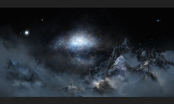  1boy backpack bag cane cloud commentary_request full_moon highres iy_tujiki letterboxed moon mountain mountain_climbing nebula night night_sky original photoshop_(medium) scenery short_hair sky snow solo star_(sky) starry_sky 