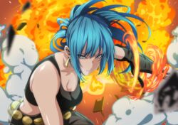  absurdres bare_shoulders black_gloves blue_eyes blue_hair breasts cleavage commentary_request crop_top earrings explosive female fighting_stance fire gloves grenade highres jewelry kappa_(moonsidekanade) leona_heidern midriff ponytail pyrokinesis smoke solo tank_top the_king_of_fighters toned 