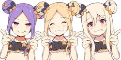  3girls :q ^_^ abigail_williams_(emerald_float)_(fate) abigail_williams_(emerald_float)_(fate)_(cosplay) abigail_williams_(fate) abigail_williams_(fate)_(cosplay) absurdres alternate_costume alternate_hairstyle bare_arms bare_shoulders bikini black_bikini black_bow blush borrowed_hairstyle bow closed_eyes closed_mouth collarbone commentary_request cosplay double_bun facing_viewer fate/grand_order fate/kaleid_liner_prisma_illya fate_(series) forehead grin hair_between_eyes hair_bun hairbow hands_up highres illyasviel_von_einzbern light_brown_hair long_hair looking_at_viewer matching_hairstyle matching_outfits mitchi multiple_girls official_alternate_costume orange_bow polka_dot polka_dot_bow purple_eyes purple_hair red_eyes sidelocks simple_background single_side_bun smile swimsuit tongue tongue_out very_long_hair white_background wu_zetian_(fate) 