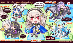  6+girls :q animal_ears arm_hug arm_up armor azura_(fire_emblem) barefoot belt black_armor black_dress black_hair black_hairband blue_cape blue_eyes blue_hair book camilla_(fire_emblem) cape character_name chibi commentary_request copyright_name corrin_(female)_(fire_emblem) corrin_(fire_emblem) dragon dress easter_egg egg english_text fake_animal_ears fire_emblem fire_emblem_awakening fire_emblem_fates fire_emblem_heroes gloves hair_over_one_eye hairband heart holding holding_book holding_polearm holding_weapon leotard licking_lips long_hair lucina_(fire_emblem) lucina_(spring)_(fire_emblem) mountain multiple_girls musical_note nekomikoalice official_alternate_costume one_eye_closed open_mouth pointy_ears polearm purple_eyes purple_hair rabbit_ears red_eyes riding robe robin_(female)_(fire_emblem) robin_(fire_emblem) spear spoken_heart standing standing_on_one_leg tharja_(bridal)_(fire_emblem) tharja_(fire_emblem) tiara tongue tongue_out tree twintails veil water weapon white_dress white_hair wyvern yellow_eyes yuri 