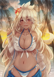  ahoge bare_shoulders bikini blouse blurry breasts cleavage commentary_request dark-skinned_female dark_skin depth_of_field evening female flower front-tie_top granblue_fantasy hair_between_eyes hair_flower hair_ornament large_breasts long_hair looking_at_viewer midriff navel official_alternate_costume opanchu_(hakusen) open_clothes open_mouth open_shirt outdoors palm_leaf palm_tree red_eyes shirt solo swimsuit tree white_bikini white_hair white_shirt zooey_(granblue_fantasy) zooey_(summer)_(granblue_fantasy) 